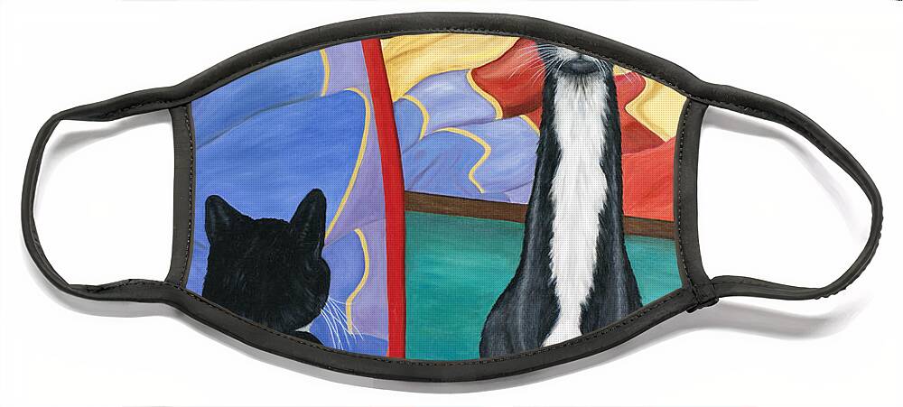 Cat Art Face Mask featuring the painting Fun House Skinny Cat by Karen Zuk Rosenblatt