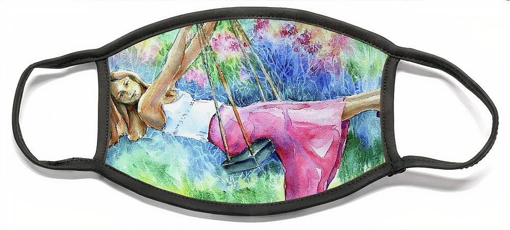 Swing Face Mask featuring the painting GIrl on a Swing by Trudi Doyle