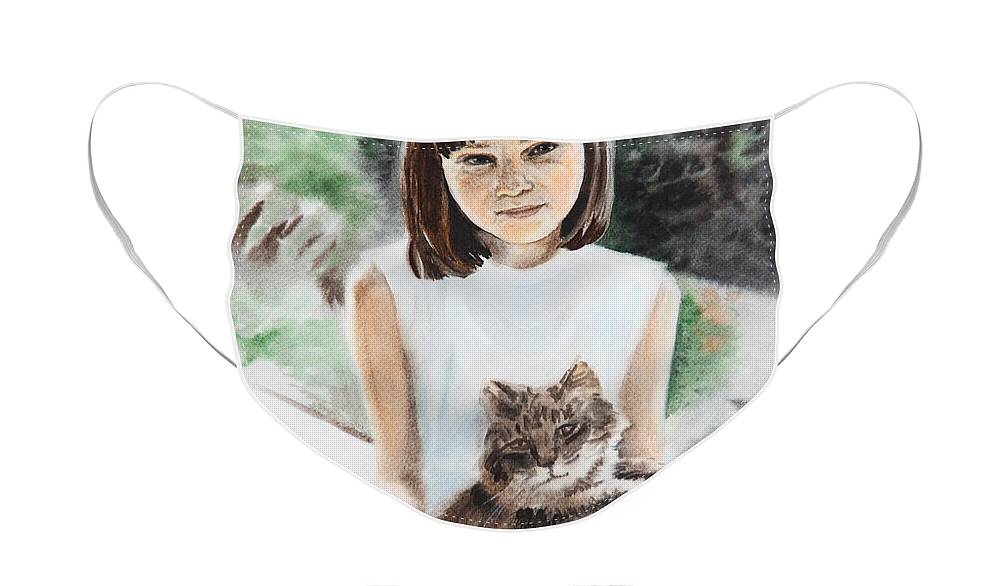 Girl Face Mask featuring the painting Girl with Cat by Masha Batkova