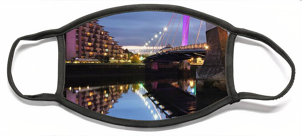 Perfectly Clear Reflections On The River Clyde Of The Clyde Arc Bridge Face Mask featuring the photograph Glasgow Clyde Arc Bridge Reflections by Maria Gaellman