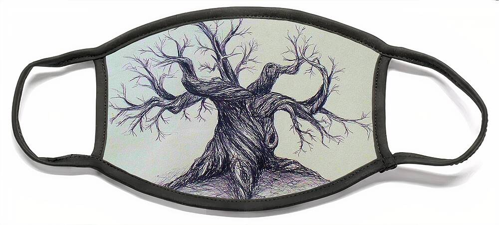Gnarled Tree Pen Ink Paper Austin Texas Face Mask featuring the drawing Gnarled Tree by Troy Caperton
