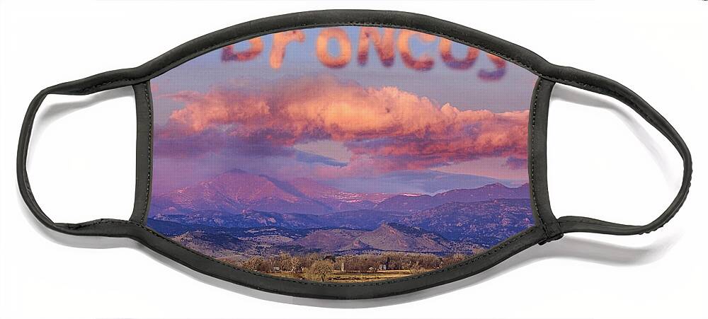 Go Broncos Face Mask featuring the photograph Go Broncos Colorado Front Range Longs Moon Sunrise by James BO Insogna