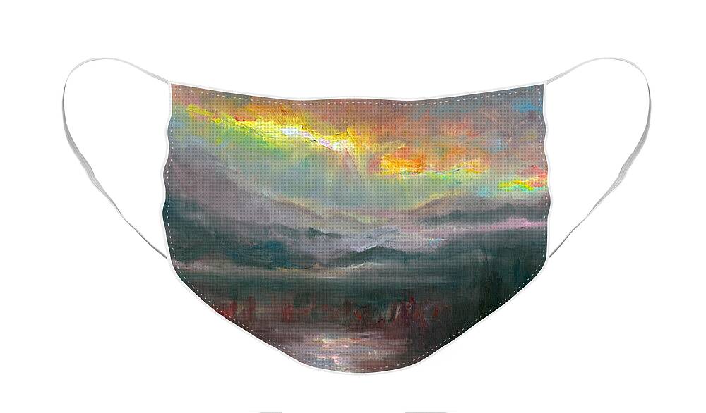 Scenic Face Mask featuring the painting Gold Lining - Chugach Mountain range en plein air by Talya Johnson