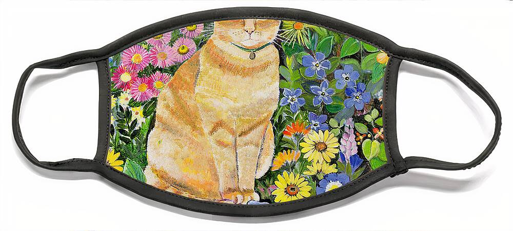 Pansy; Delphinium; Brown-eyed Susan; Lupin; Periwinkle; Ginger Tom Face Mask featuring the painting Gordon s Cat by Hilary Jones