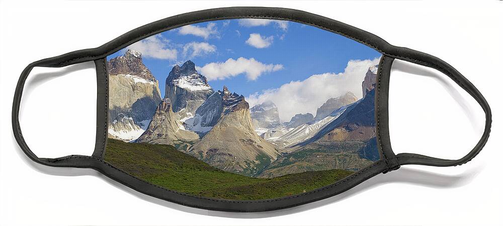 00345710 Face Mask featuring the photograph Guanaco And Cuernos Del Paine Peaks by Yva Momatiuk John Eastcott