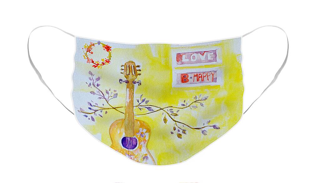 Guitar Watercolor Face Mask featuring the painting Guitar of a Flower Girl Live Love Be Happy by Patricia Awapara