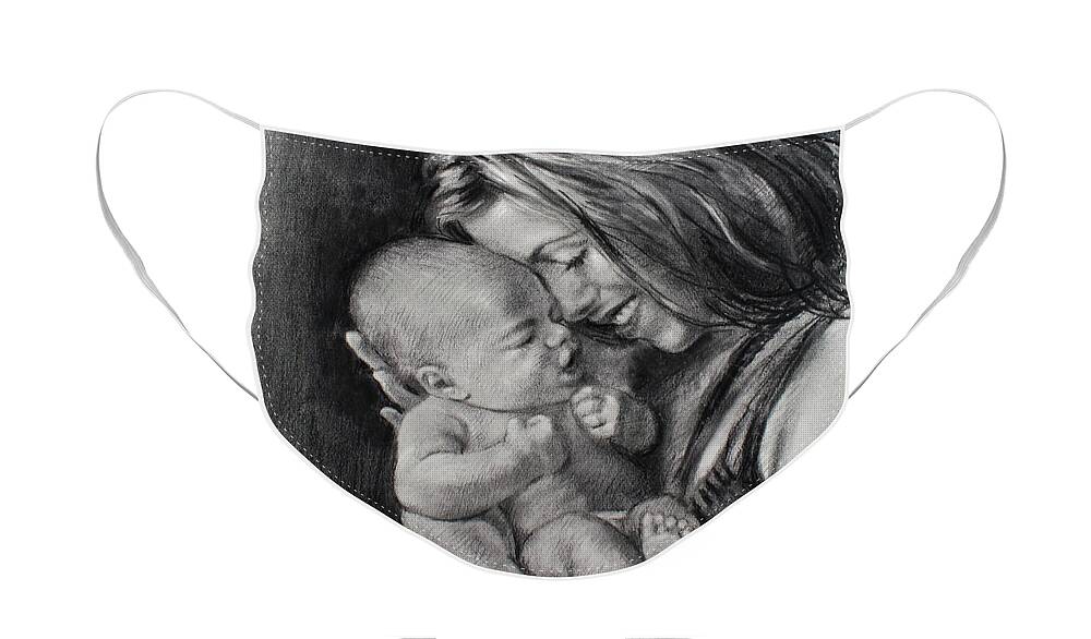 Happy Young Mother Face Mask featuring the drawing Happy Young Mother by Ylli Haruni