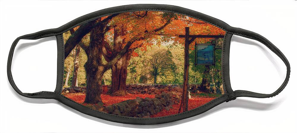 Hartwell Tavern Face Mask featuring the photograph Hartwell tavern under orange fall foliage by Jeff Folger