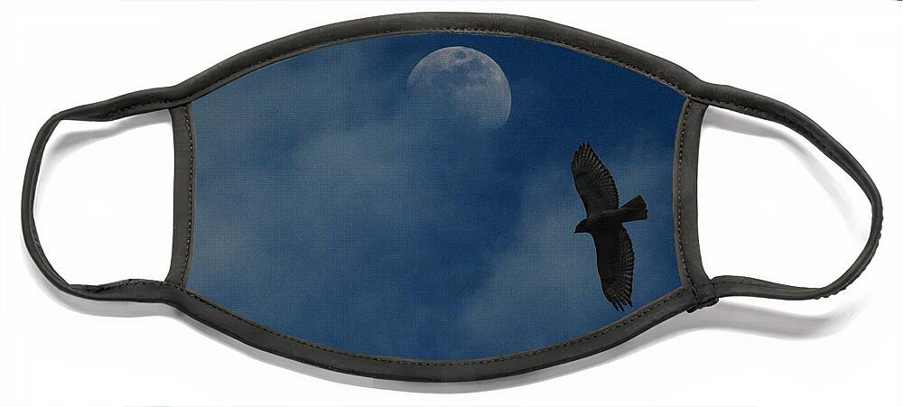 Hawk Face Mask featuring the photograph Hawk and Moon Coming Out of the Mist by Raymond Salani III
