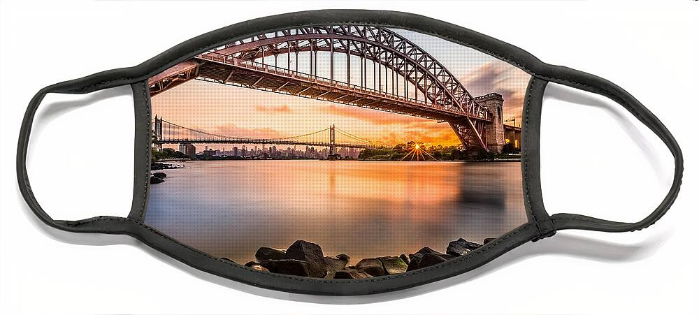 Hell Gate Face Mask featuring the photograph Hell Gate and Triboro bridge at sunset by Mihai Andritoiu