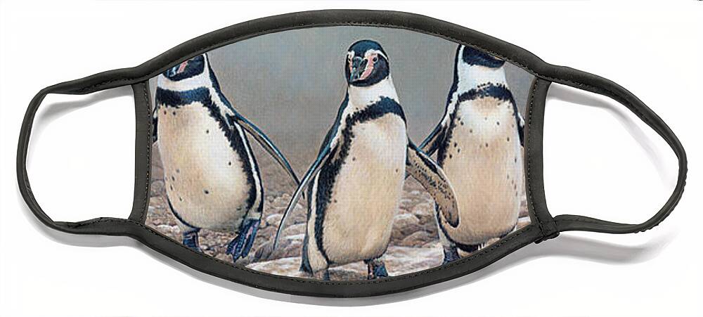 Animal Face Mask featuring the photograph Humboldt Penguins Standing In A Row by Ikon Ikon Images