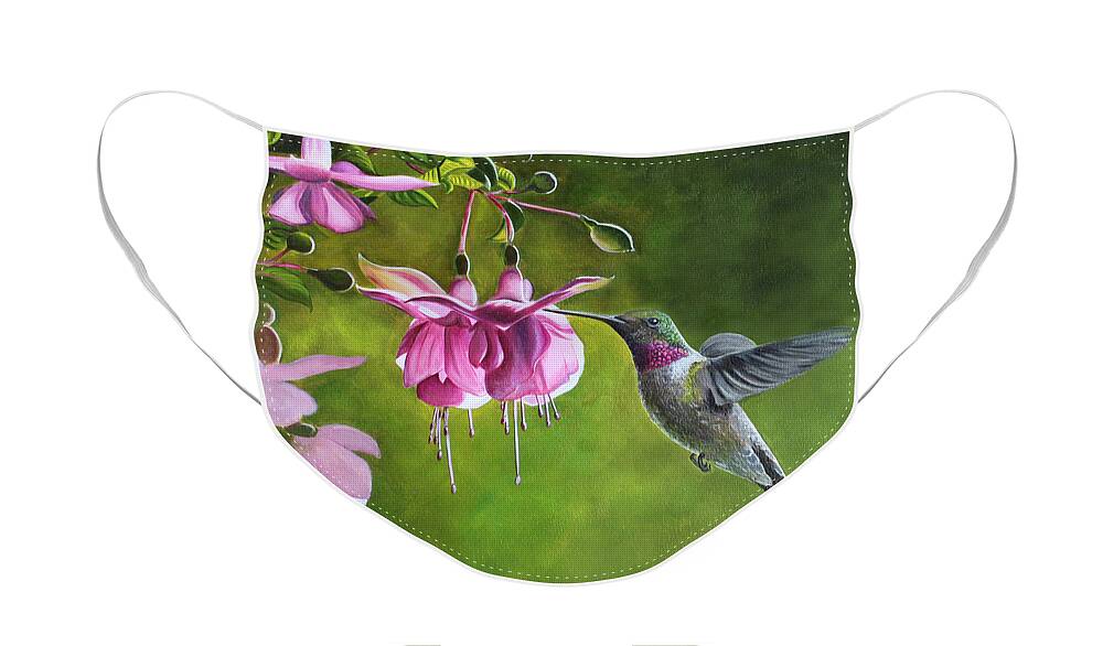 Hummingbird Face Mask featuring the painting Hummingbird and Fuschia by Debbie Hart