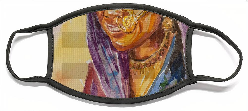 Rajasthani Woman Face Mask featuring the painting Innocent smile by Jyotika Shroff