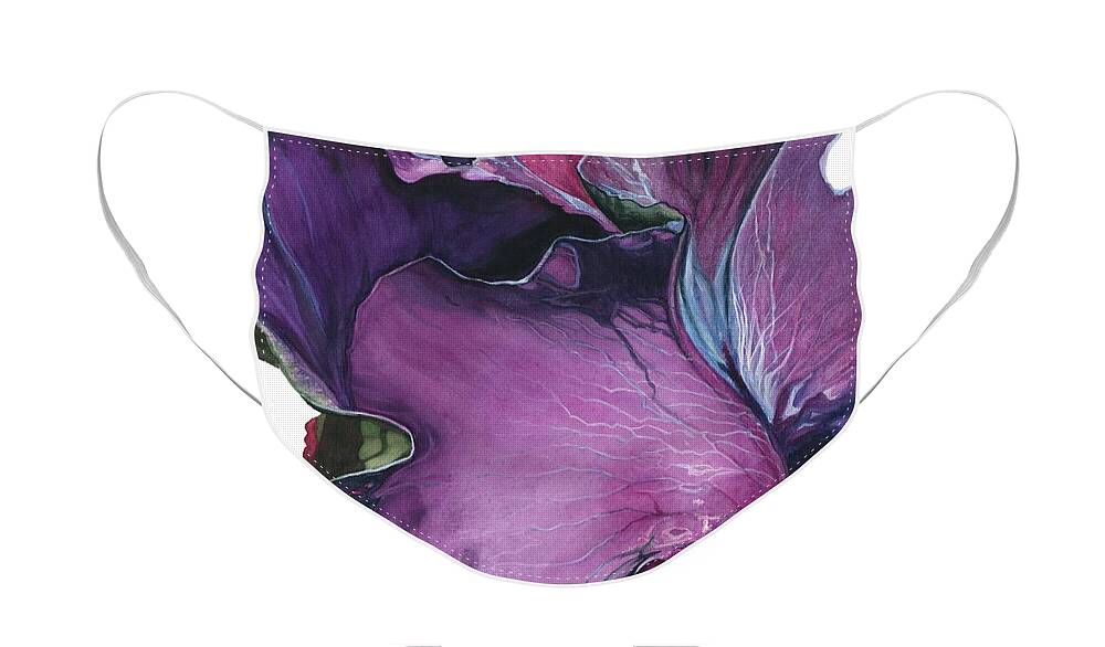 Flower Face Mask featuring the painting Iris- Unfolding Drama by Barbara Jewell