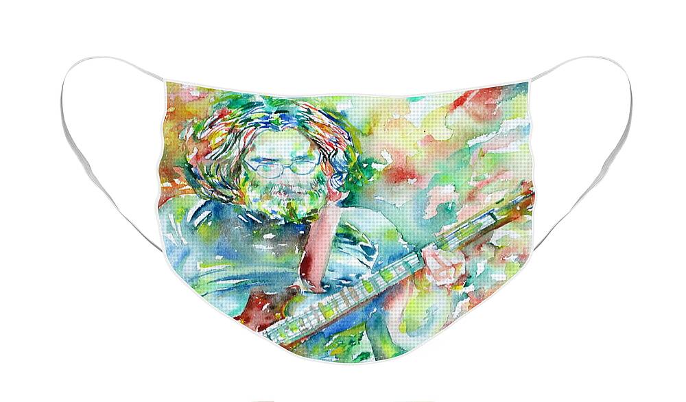 Jerry Face Mask featuring the painting JERRY GARCIA PLAYING the GUITAR watercolor portrait.3 by Fabrizio Cassetta