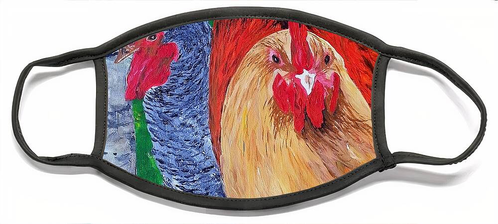 Rooster Paintings Face Mask featuring the painting John's Chickens by Cheryl Nancy Ann Gordon