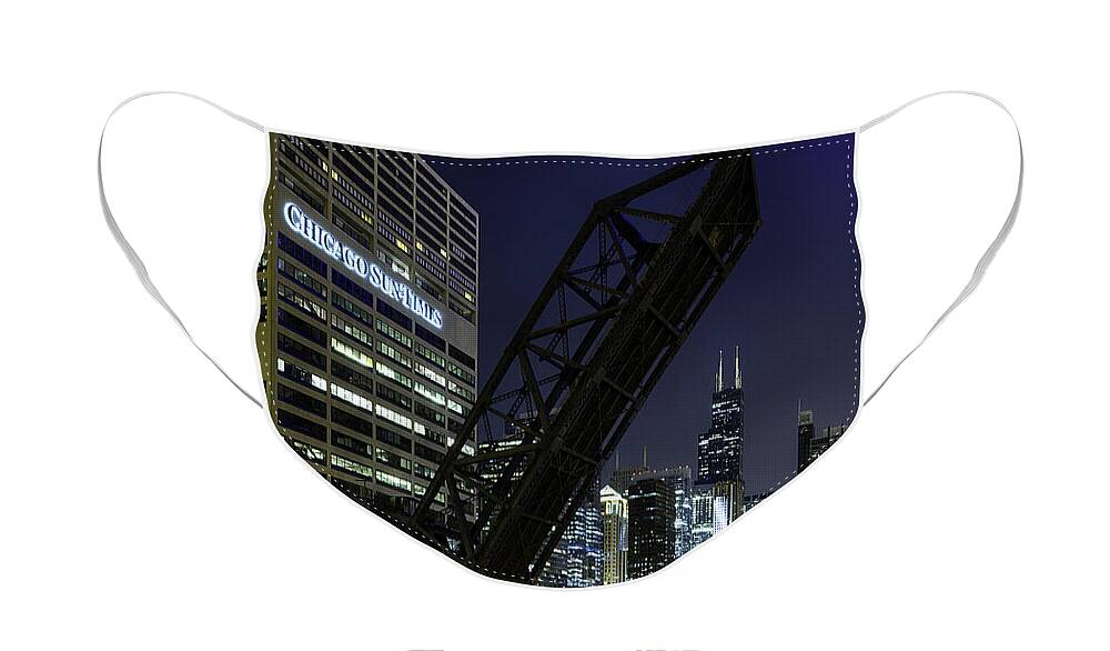 Architecture Face Mask featuring the photograph Kinzie Street railroad bridge at night by Sebastian Musial