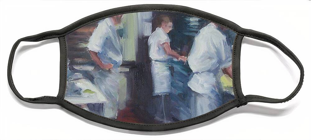 Restaurant Face Mask featuring the painting Kitchen Choreographer by Connie Schaertl
