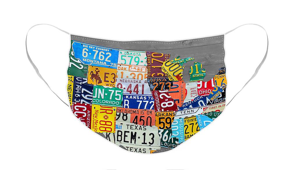 License Plate Map Face Mask featuring the mixed media License Plate Map of The United States on Gray Wood Boards by Design Turnpike