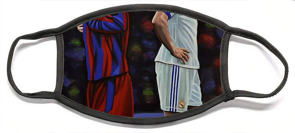 Lionel Messi Face Mask featuring the painting Lionel Messi and Cristiano Ronaldo by Paul Meijering