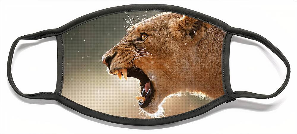 #faatoppicks Face Mask featuring the photograph Lioness displaying dangerous teeth in a rainstorm by Johan Swanepoel