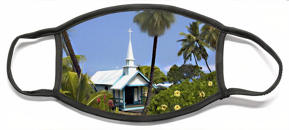 Hawaii Face Mask featuring the photograph Little blue church Kona by Kurt Van Wagner