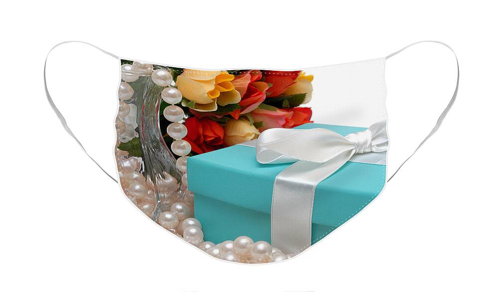 Anniversary Face Mask featuring the photograph Little Blue Gift Box with Pearls and Flowers by Amy Cicconi