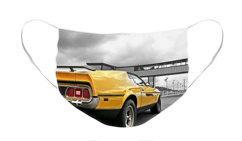 Classic Mustang Face Mask featuring the photograph Mach1 Mustang Rear At The Drag Strip by Gill Billington