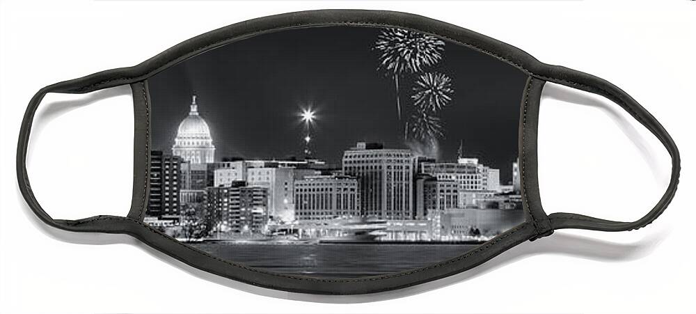 Capitol Face Mask featuring the photograph Madison - Wisconsin - New Years Eve Panorama Black and White by Steven Ralser