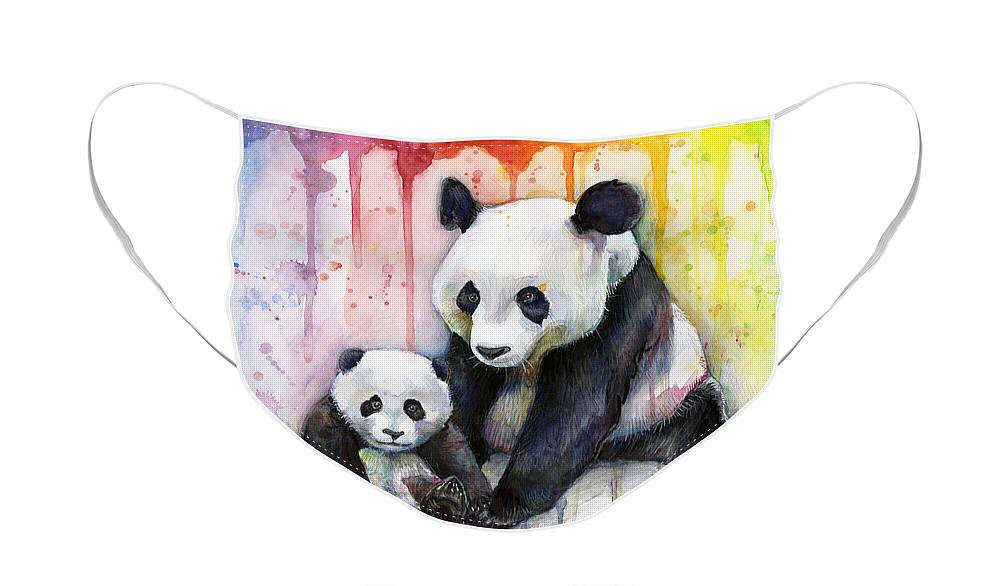 Watercolor Face Mask featuring the painting Panda Watercolor Mom and Baby by Olga Shvartsur