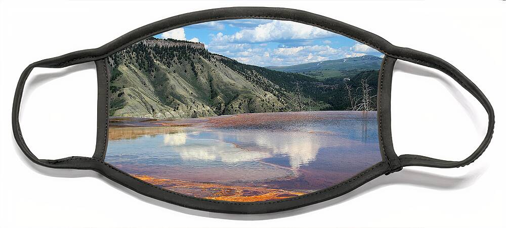 Brown Face Mask featuring the photograph Mammoth Hot Springs Reflections by Jemmy Archer