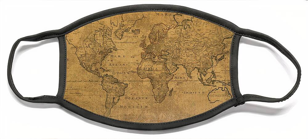 Map Face Mask featuring the mixed media Map of the World in 1784 Latin Text on Worn Stained Vintage Parchment by Design Turnpike