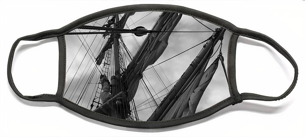 Adventure Face Mask featuring the photograph Mast and sails of a brig - monochrome by Ulrich Kunst And Bettina Scheidulin