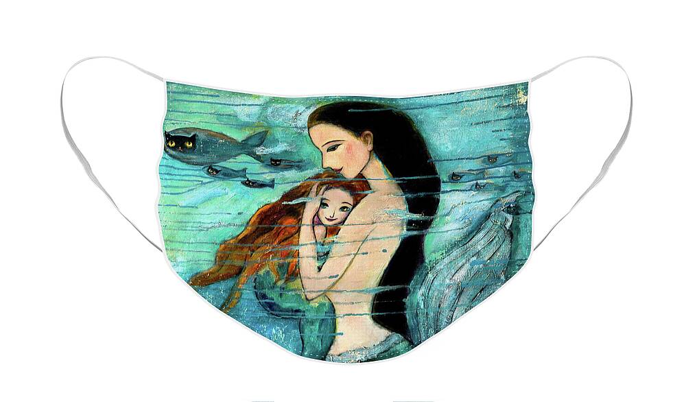 Mermaid Art Face Mask featuring the painting Mermaid Mother and Child by Shijun Munns