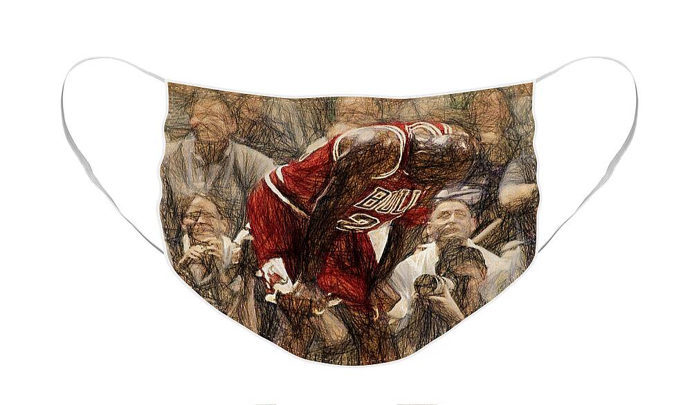 Michael Jordan Face Mask featuring the painting Michael Jordan The Flu Game by John Farr
