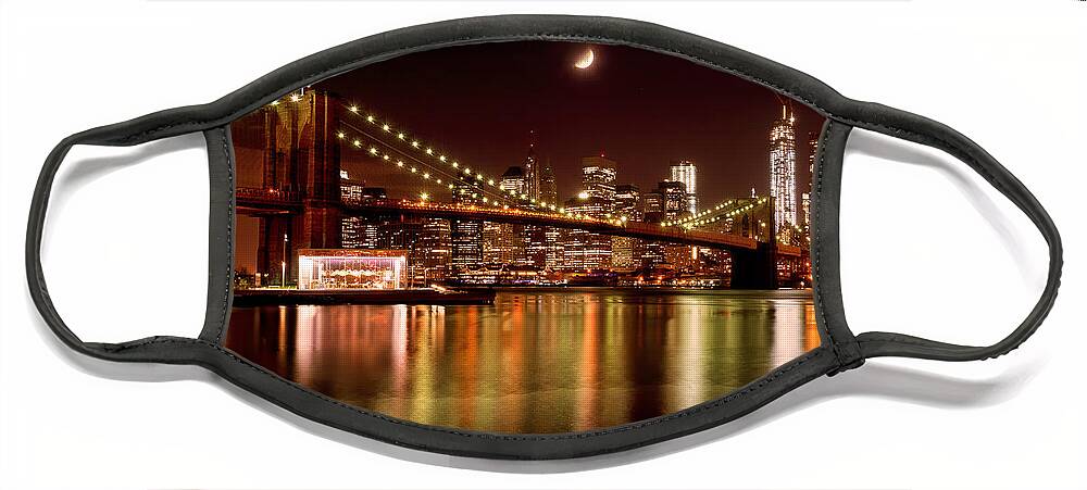 Amazing Brooklyn Bridge Photos Face Mask featuring the photograph Moon Over the Brooklyn Bridge by Mitchell R Grosky