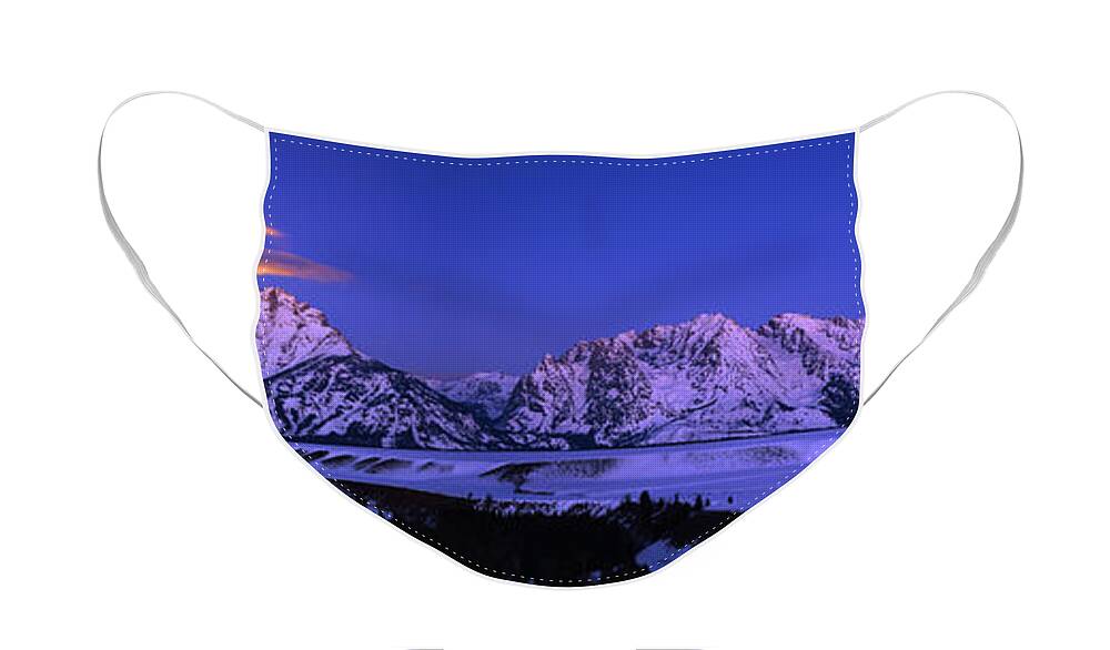 Moon Sets Over Behind The Tetons Panorama Face Mask featuring the photograph Moon Sets Over Behind the Tetons Panorama by Raymond Salani III