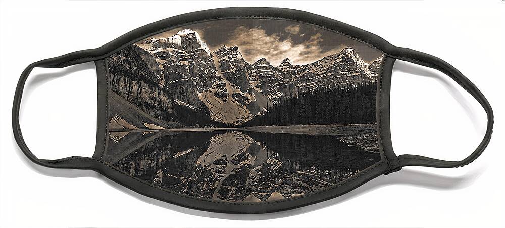 Moraine Lake Face Mask featuring the photograph Moraine Lake at Sundown - Black and White by Stuart Litoff
