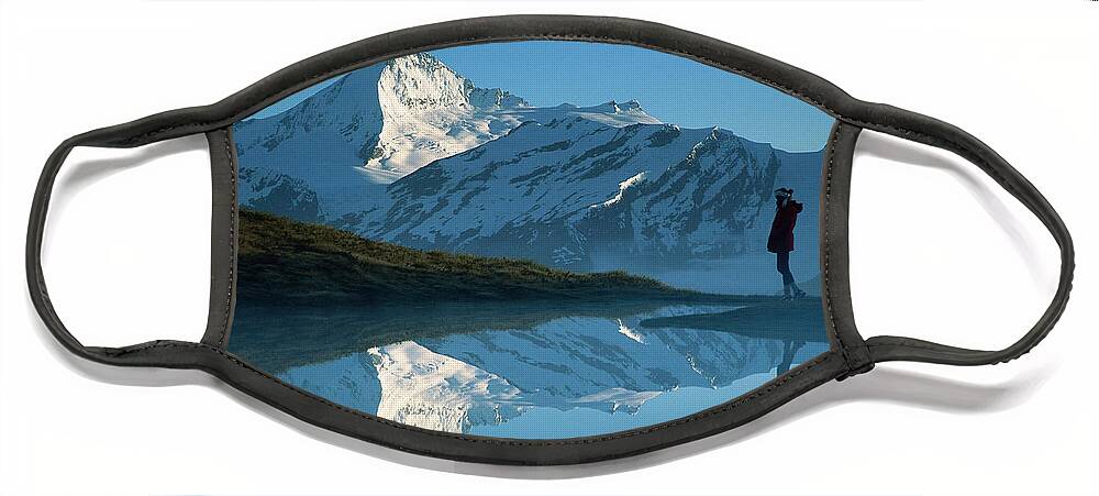 00260031 Face Mask featuring the photograph Mt Aspiring And Hiker Reflected In Lake by Colin Monteath