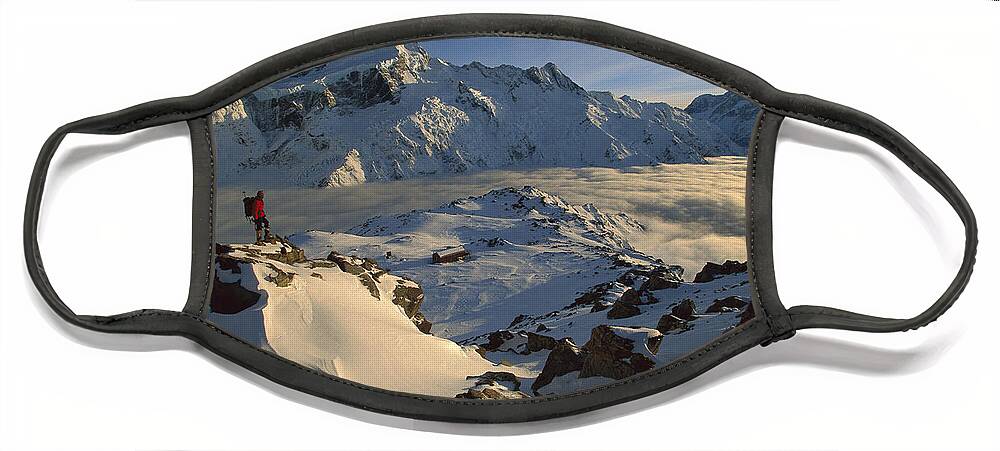 Feb0514 Face Mask featuring the photograph Mt Sefton Climber Above Mueller Glacier by Colin Monteath