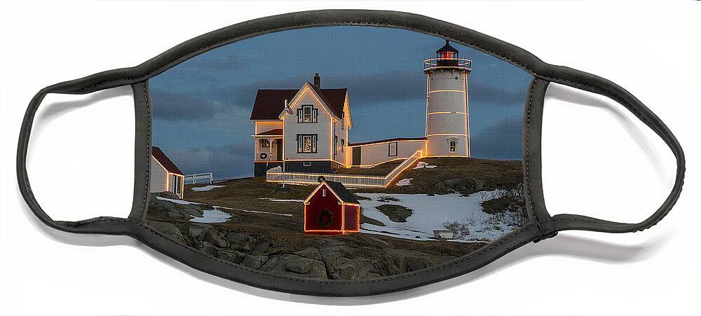 Lighthouse Face Mask featuring the photograph Nubble lighthouse at Christmas by Steven Ralser