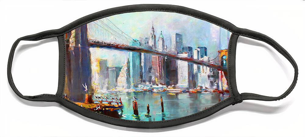 Nyc Face Mask featuring the painting NY City Brooklyn Bridge II by Ylli Haruni