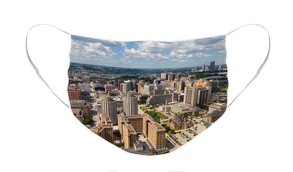 Aerial View Face Mask featuring the photograph Oakland Pitt Campus with city of PIttsburgh in the Distance by Amy Cicconi