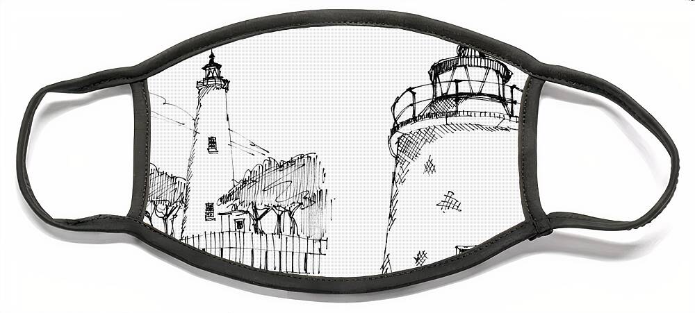 Ocracoke Island Face Mask featuring the drawing Ocaracoke Lighthouse Detail Sketches 1992 by Richard Wambach