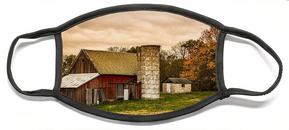 Autumn Face Mask featuring the photograph Old Red Barn and Silo by Ron Pate