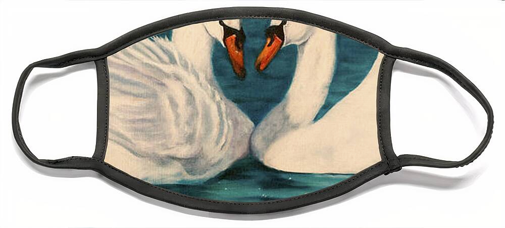 Swans Face Mask featuring the painting One Heart by Jeanette Sthamann