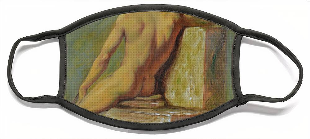 Original Face Mask featuring the painting Original man oil painting gay body art-young male nude sitting on chair by Hongtao Huang