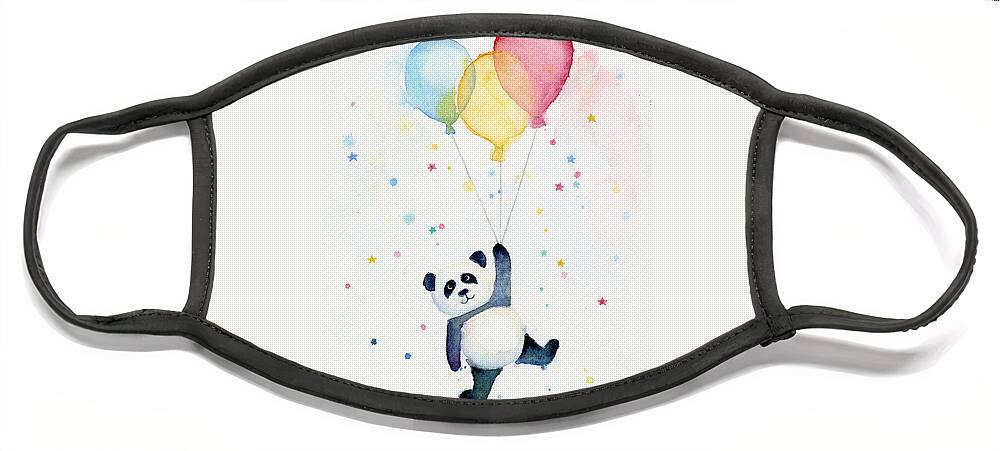 Panda Face Mask featuring the painting Panda Floating with Balloons by Olga Shvartsur