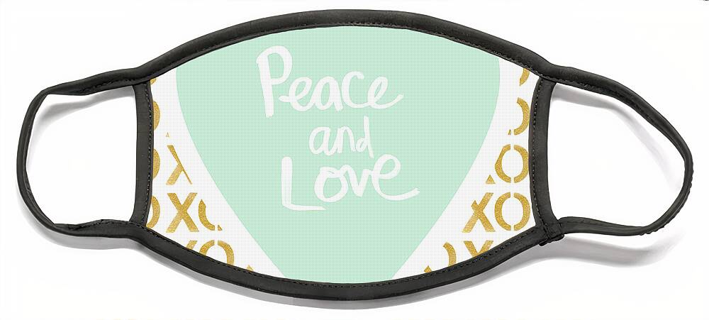 Peace Face Mask featuring the mixed media Peace and Love in Aqua and Gold by Linda Woods