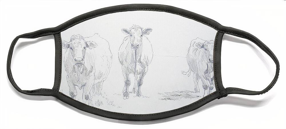 Cows Face Mask featuring the drawing Pencil drawing of three cows by Mike Jory
